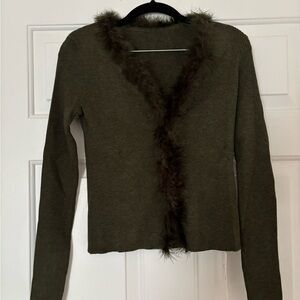 Commense Olive Green Faux Fur Trim Cardigan